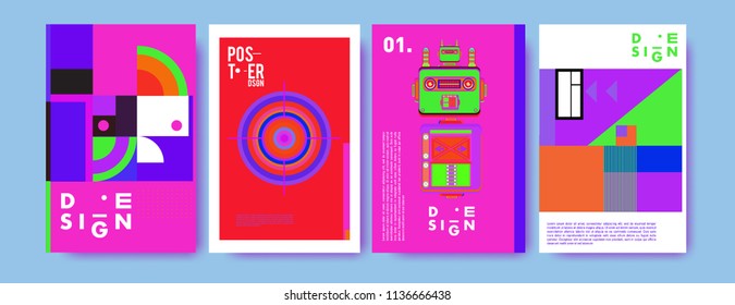 Abstract colorful collage poster design template. Cool geometric and fluid cover design. Blue, yellow, red, orange, pink and green. Vector banner poster template in Eps10.