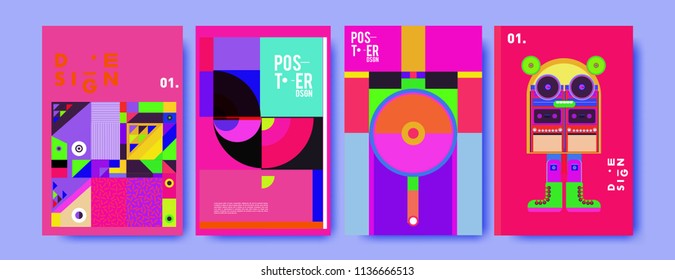 Abstract colorful collage poster design template. Cool geometric and fluid cover design. Blue, yellow, red, orange, pink and green. Vector banner poster template in Eps10.