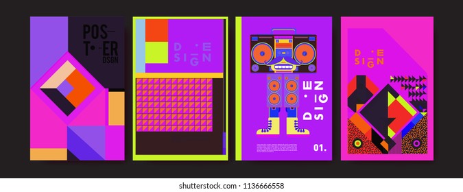 Abstract colorful collage poster design template. Cool geometric and fluid cover design. Blue, yellow, red, orange, pink and green. Vector banner poster template in Eps10.