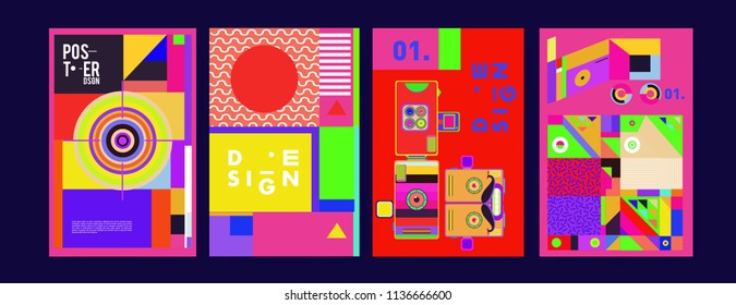 Abstract colorful collage poster design template. Cool geometric and fluid cover design. Blue, yellow, red, orange, pink and green. Vector banner poster template in Eps10.