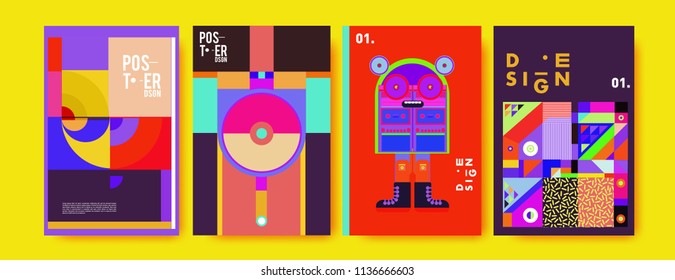 Abstract colorful collage poster design template. Cool geometric and fluid cover design. Blue, yellow, red, orange, pink and green. Vector banner poster template in Eps10.