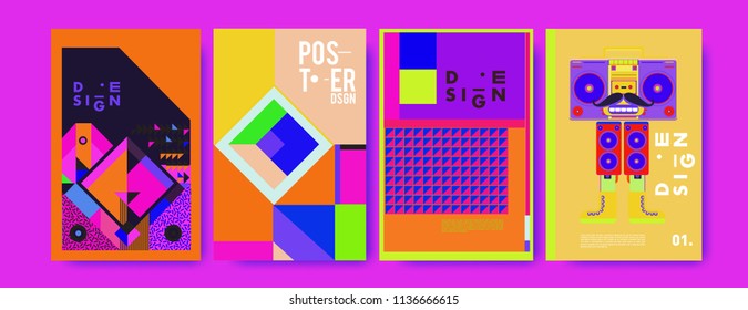 Abstract colorful collage poster design template. Cool geometric and fluid cover design. Blue, yellow, red, orange, pink and green. Vector banner poster template in Eps10.