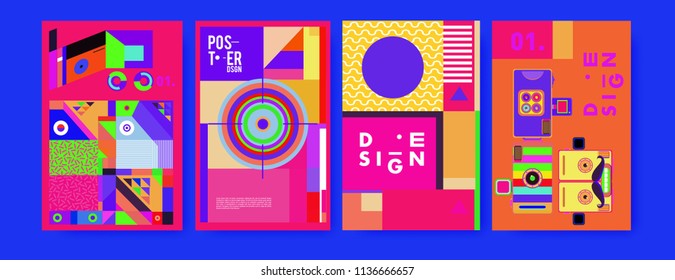 Abstract colorful collage poster design template. Cool geometric and fluid cover design. Blue, yellow, red, orange, pink and green. Vector banner poster template in Eps10.