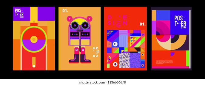 Abstract colorful collage poster design template. Cool geometric and fluid cover design. Blue, yellow, red, orange, pink and green. Vector banner poster template in Eps10.
