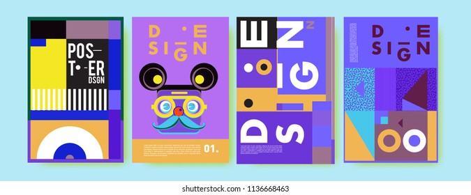 Abstract colorful collage poster design template. Cool geometric and fluid cover design. Blue, yellow, red, orange, pink and green. Vector banner poster template in Eps10.