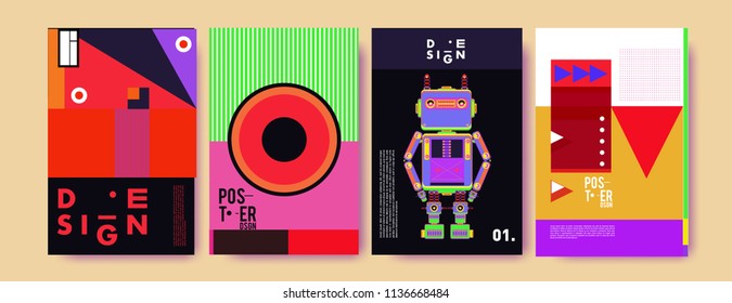 Abstract colorful collage poster design template. Cool geometric and fluid cover design. Blue, yellow, red, orange, pink and green. Vector banner poster template in Eps10.
