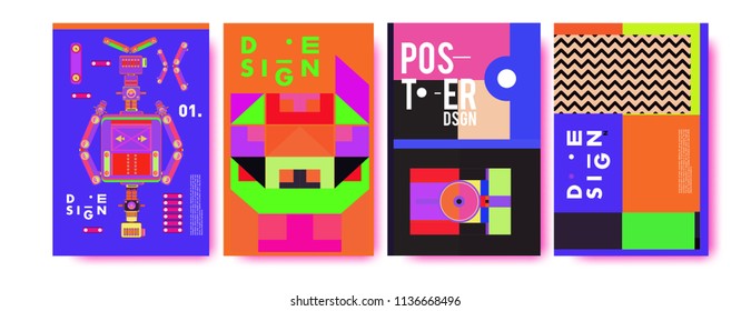 Abstract colorful collage poster design template. Cool geometric and fluid cover design. Blue, yellow, red, orange, pink and green. Vector banner poster template in Eps10.