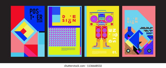 Abstract colorful collage poster design template. Cool geometric and fluid cover design. Blue, yellow, red, orange, pink and green. Vector banner poster template in Eps10.