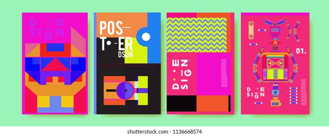 Abstract colorful collage poster design template. Cool geometric and fluid cover design. Blue, yellow, red, orange, pink and green. Vector banner poster template in Eps10.