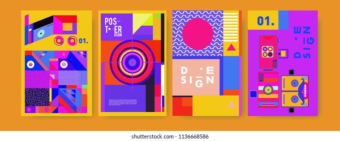 Abstract colorful collage poster design template. Cool geometric and fluid cover design. Blue, yellow, red, orange, pink and green. Vector banner poster template in Eps10.