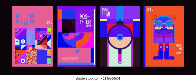 Abstract colorful collage poster design template. Cool geometric and fluid cover design. Blue, yellow, red, orange, pink and green. Vector banner poster template in Eps10.
