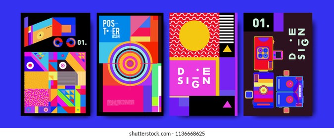 Abstract colorful collage poster design template. Cool geometric and fluid cover design. Blue, yellow, red, orange, pink and green. Vector banner poster template in Eps10.