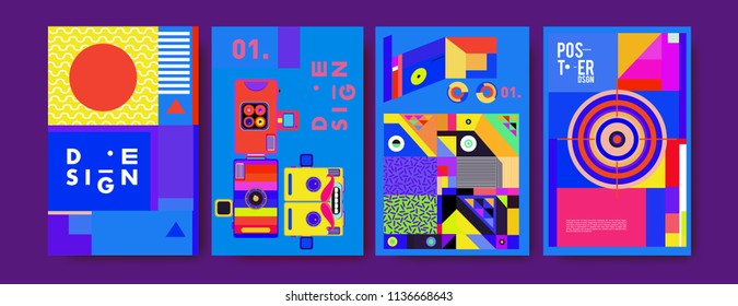 Abstract colorful collage poster design template. Cool geometric and fluid cover design. Blue, yellow, red, orange, pink and green. Vector banner poster template in Eps10.