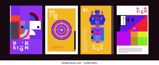 Abstract colorful collage poster design template. Cool geometric and fluid cover design. Blue, yellow, red, orange, pink and green. Vector banner poster template in Eps10.
