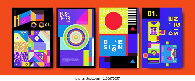 Abstract colorful collage poster design template. Cool geometric and fluid cover design. Blue, yellow, red, orange, pink and green. Vector banner poster template in Eps10.
