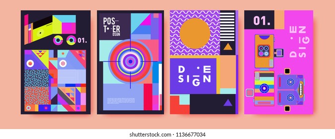 Abstract colorful collage poster design template. Cool geometric and fluid cover design. Blue, yellow, red, orange, pink and green. Vector banner poster template in Eps10.
