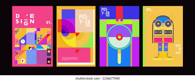 Abstract colorful collage poster design template. Cool geometric and fluid cover design. Blue, yellow, red, orange, pink and green. Vector banner poster template in Eps10.
