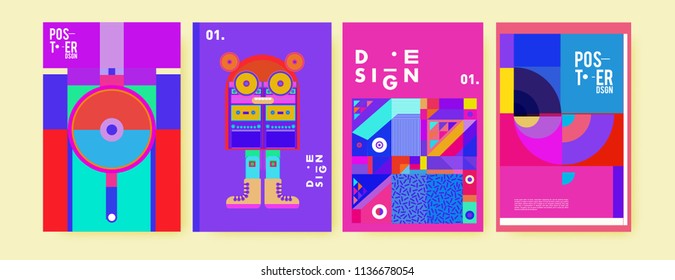 Abstract colorful collage poster design template. Cool geometric and fluid cover design. Blue, yellow, red, orange, pink and green. Vector banner poster template in Eps10.
