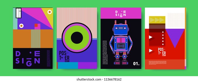 Abstract colorful collage poster design template. Cool geometric and fluid cover design. Blue, yellow, red, orange, pink and green. Vector banner poster template in Eps10.
