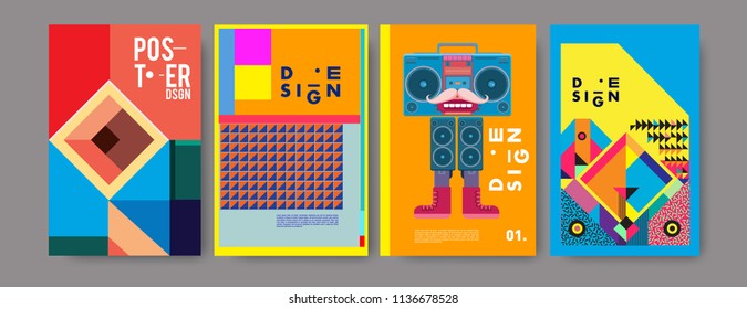 Abstract colorful collage poster design template. Cool geometric and fluid cover design. Blue, yellow, red, orange, pink and green. Vector banner poster template in Eps10.
