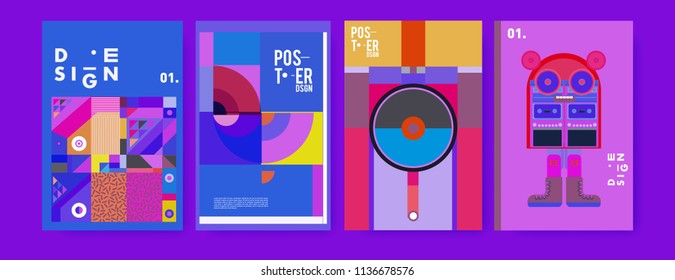 Abstract colorful collage poster design template. Cool geometric and fluid cover design. Blue, yellow, red, orange, pink and green. Vector banner poster template in Eps10.
