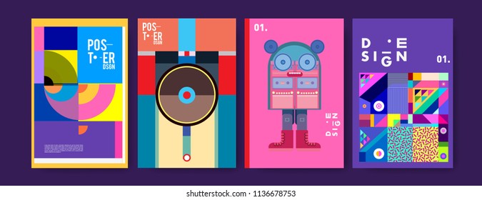 Abstract colorful collage poster design template. Cool geometric and fluid cover design. Blue, yellow, red, orange, pink and green. Vector banner poster template in Eps10.
