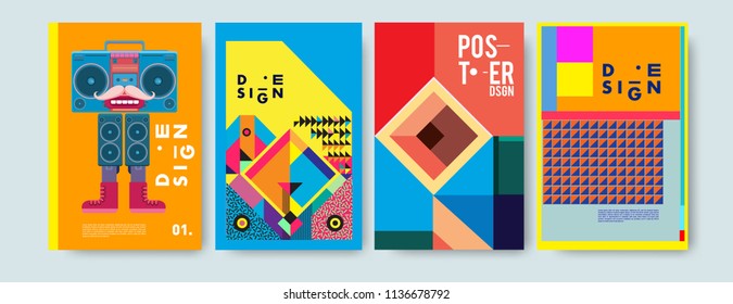 Abstract colorful collage poster design template. Cool geometric and fluid cover design. Blue, yellow, red, orange, pink and green. Vector banner poster template in Eps10.

