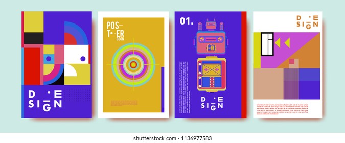 Abstract colorful collage poster design template. Cool geometric and fluid cover design. Blue, yellow, red, orange, pink and green. Vector banner poster template in Eps10.
