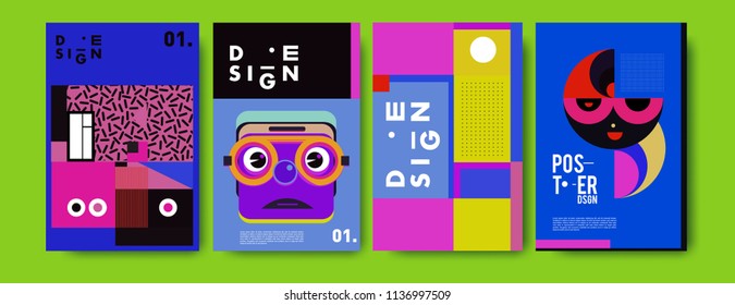 Abstract colorful collage poster design template. Cool geometric and fluid cover design. Blue, yellow, red, orange, pink and green. Vector banner poster template in Eps10.