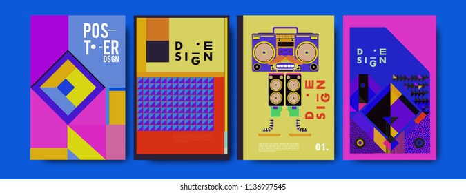 Abstract colorful collage poster design template. Cool geometric and fluid cover design. Blue, yellow, red, orange, pink and green. Vector banner poster template in Eps10.