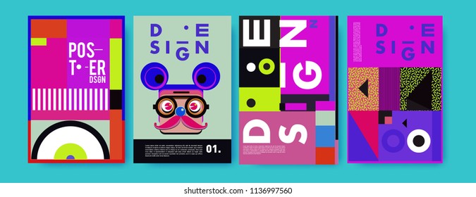 Abstract colorful collage poster design template. Cool geometric and fluid cover design. Blue, yellow, red, orange, pink and green. Vector banner poster template in Eps10.