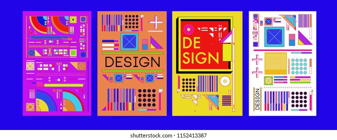 Abstract colorful collage poster design template. Cool geometric and retro cover design. Blue, yellow, red, orange, pink and green background. Vector banner poster template in Eps10. 
