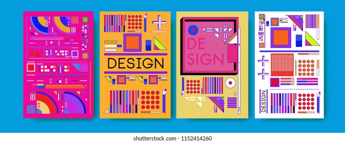 Abstract colorful collage poster design template. Cool geometric and retro cover design. Blue, yellow, red, orange, pink and green background. Vector banner poster template in Eps10. 
