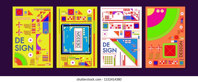 Abstract colorful collage poster design template. Cool geometric and retro cover design. Blue, yellow, red, orange, pink and green background. Vector banner poster template in Eps10. 
