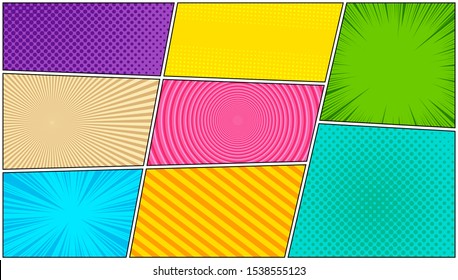 Abstract colorful comic background with circles halftone rays dotted slanted lines effects. Vector illustration