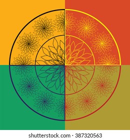 Abstract colorful composition with circles and flowers against background of squares
