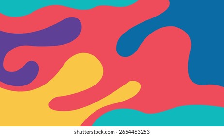 Abstract colorful composition with red, yellow, turquoise, blue, and purple shapes blending in smooth fluid transitions.