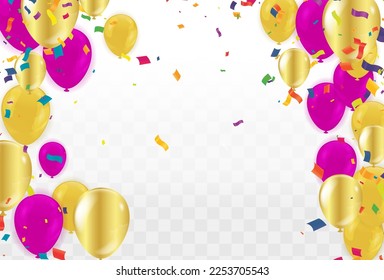 Abstract colorful confetti and balloons background. Balloons and confetti isolated on the white. Vector holiday illustration.