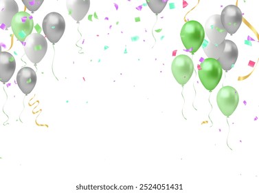Abstract colorful confetti and balloons background. Balloons and confetti isolated on the white. Vector holiday illustration.