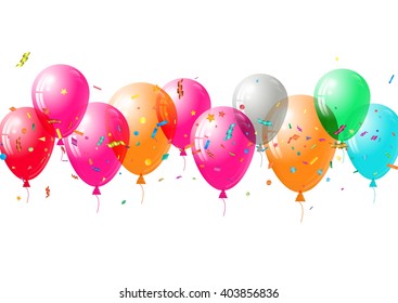 Abstract colorful confetti and balloons background. Balloons and confetti isolated on the white. Vector holiday illustration.
