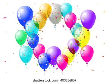 Abstract colorful confetti and balloons background. Isolated on the white. Vector holiday illustration.