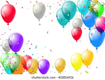 Abstract colorful confetti and balloons background. Balloons and confetti isolated on the white. Vector holiday illustration.