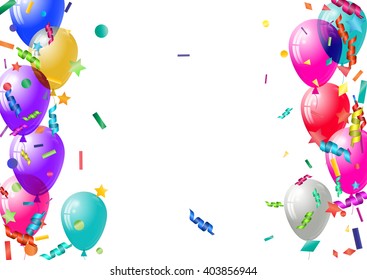 Abstract colorful confetti and balloons background. Balloons and confetti isolated on the white. Vector holiday illustration.