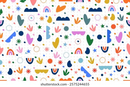 Abstract colorful confetti seamless pattern cute childish colorful shape fun upbeat freehand ornamental decorative vector art texture on white background