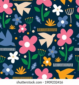 Abstract colorful contemporary modern trendy vector illustration, with cute flower and bird pattern