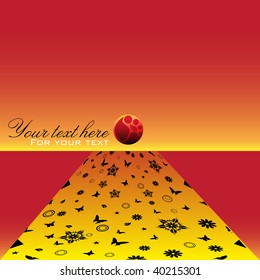 Abstract colorful corporate template with red sphere and yellow carpet decorated with flowers and butterflies