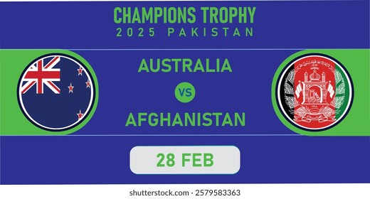 Abstract Colorful Cricket banner poster Background with isolated Flag. Australia versus Afghanistan cricket poster with a Circle Champions trophy, colored vector illustration. eps illustration. 