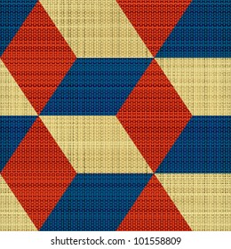 Abstract colorful cubes geometric illusion printed on textured linen fabric background. Seamless pattern. Vector.