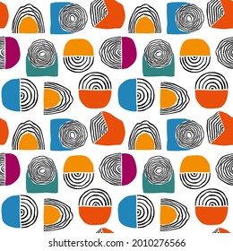 abstract colorful curved lines circles semicircles geometric shapes seamless pattern, endless repeatable vector illustration texture background