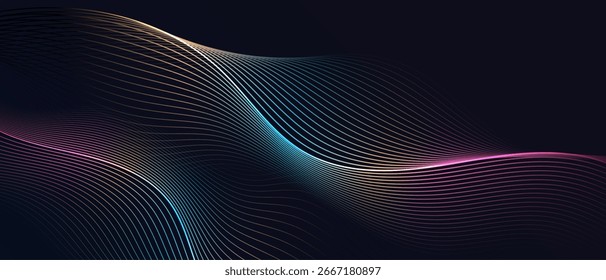Abstract colorful curved wave lines on dark background	